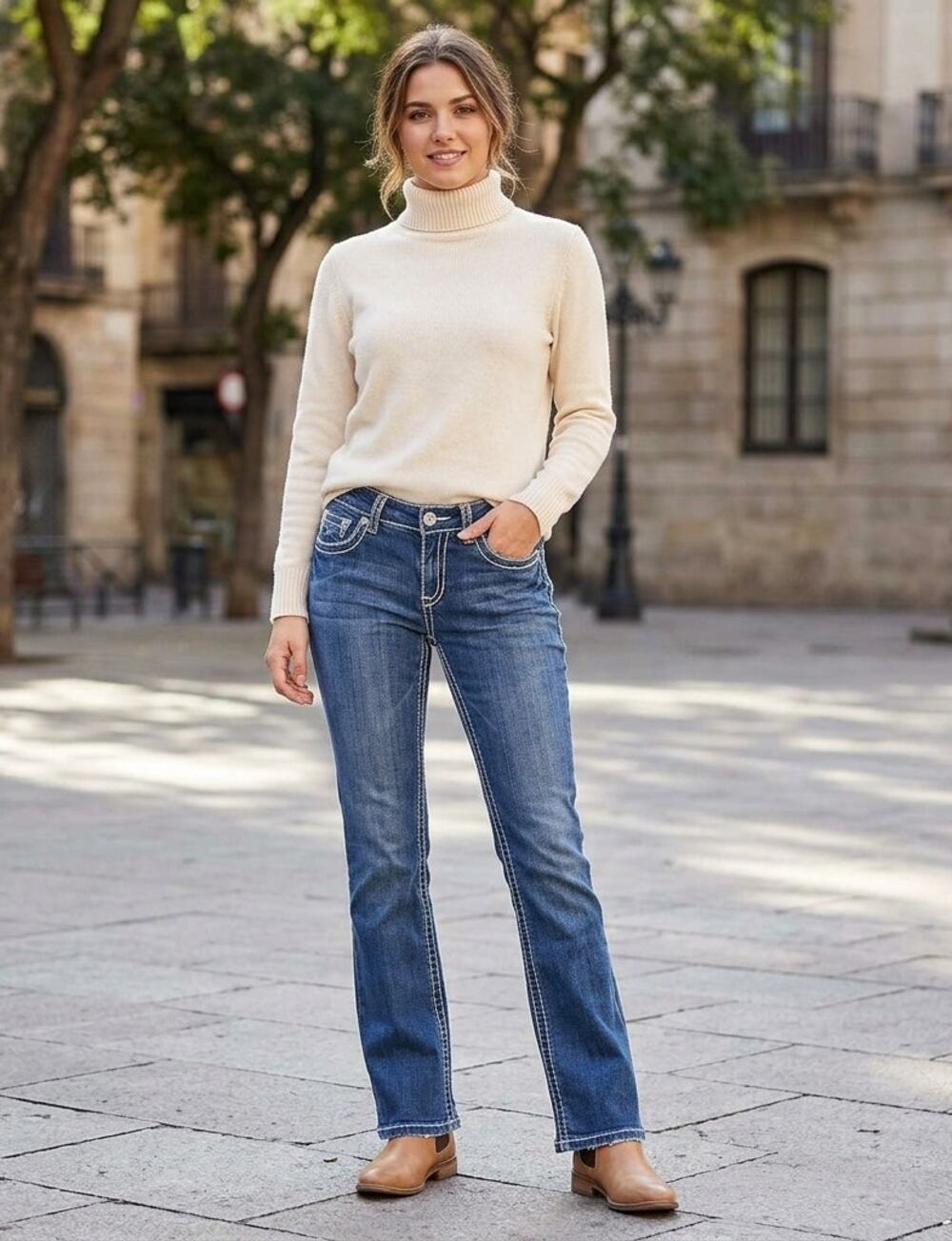 MISS CHIC USA Denim Women's Crystals Rhinestones Low Rise Boot Cut Jeans Size 9